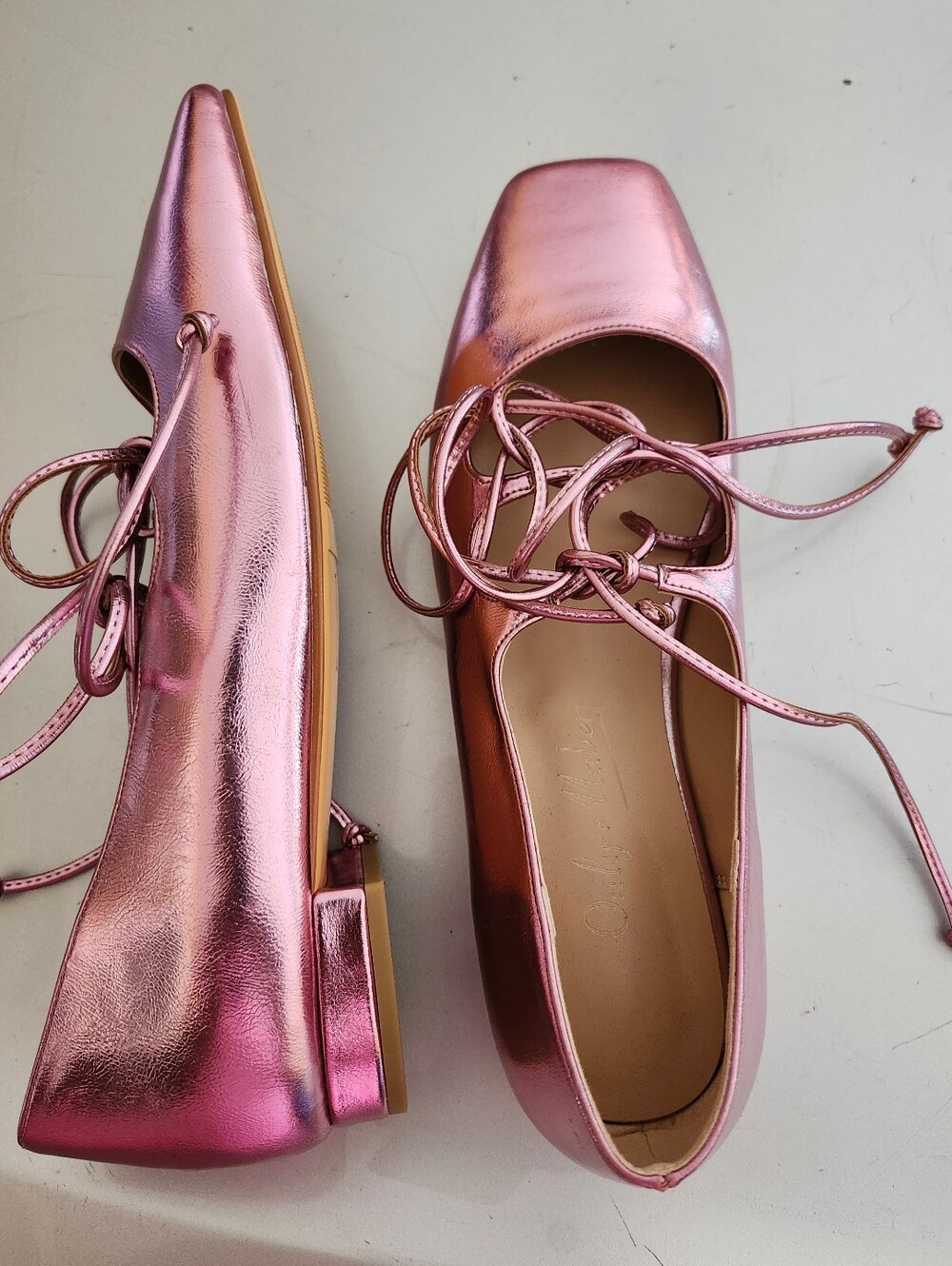 OnlyMaker Metallic Pink Lace-Up Ballet Flats - Picture 4 of 5